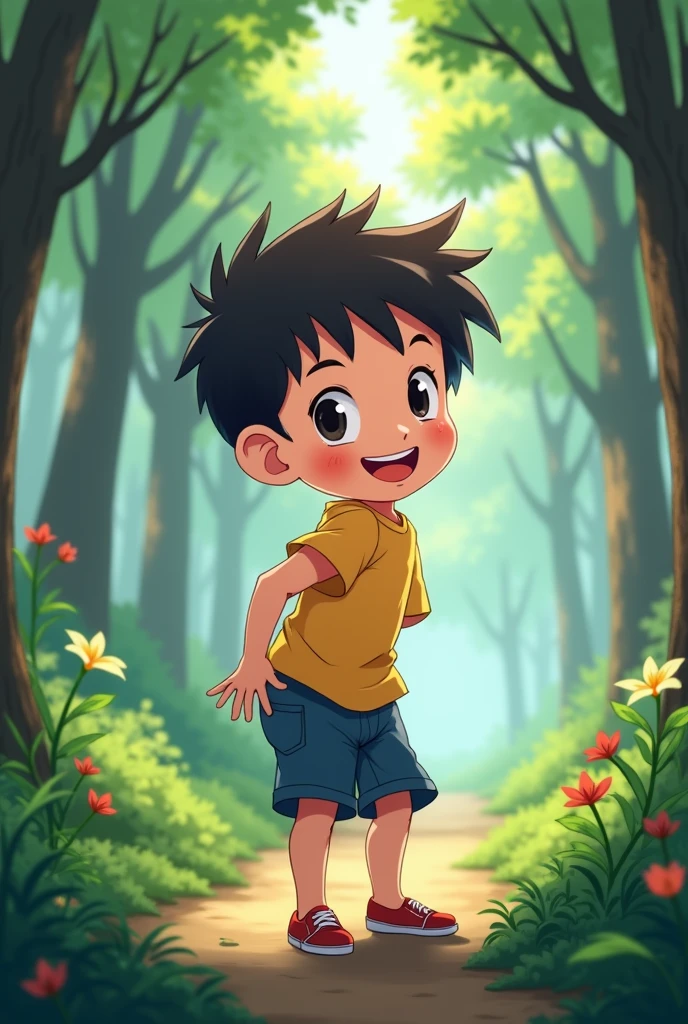 A happy anime boy, showing her butt, in a forest background 