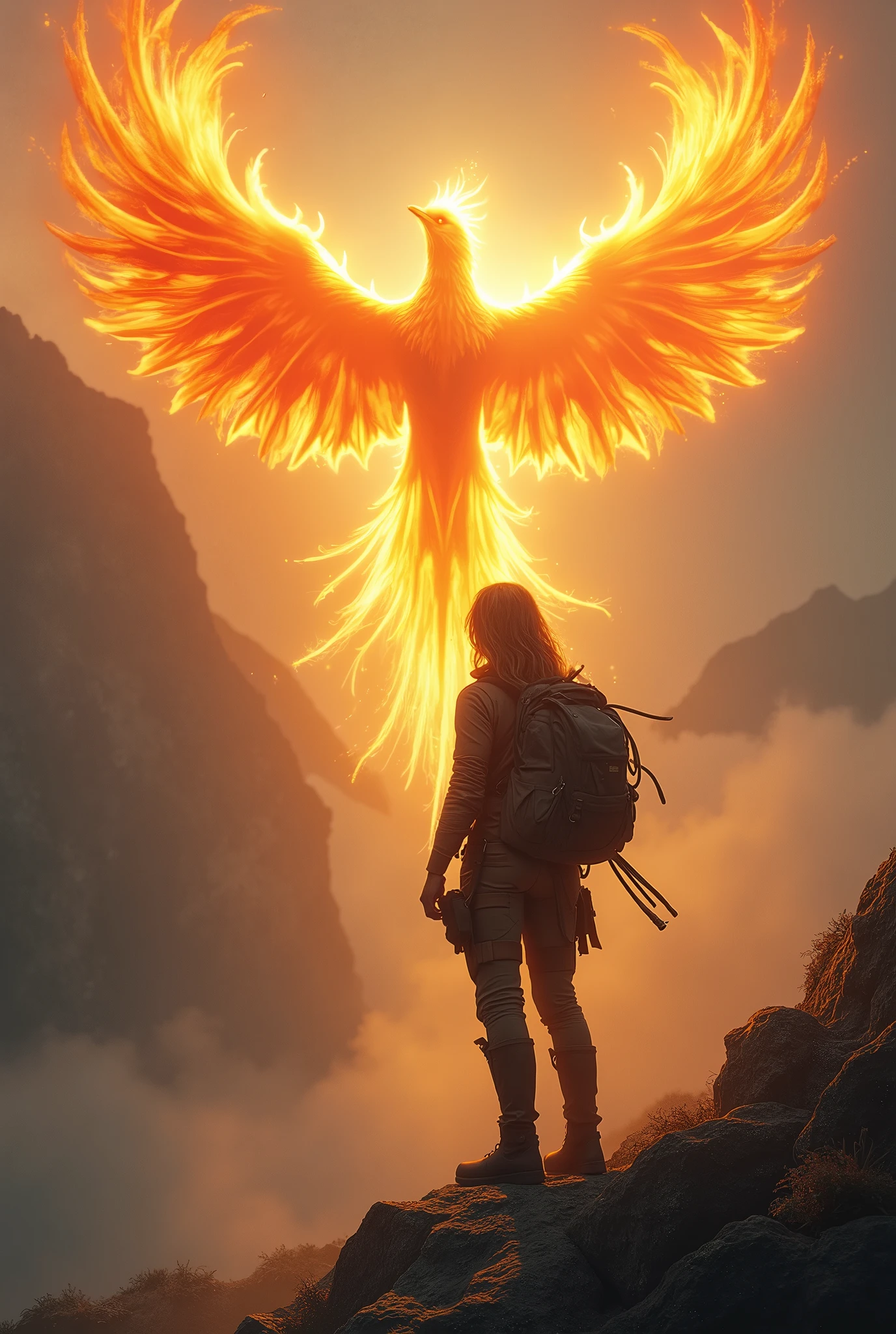 "Create a breathtaking, semi-realistic image that captures the awe-inspiring scene of a beautiful female adventurer witnessing the birth of a majestic phoenix from afar. The adventurer, with a strong yet graceful presence, is depicted in her climbing gear and rugged, weathered clothing, standing on a rocky outcrop. Her expression is a mix of awe and wonder as she gazes at the fiery phoenix rising into the sky.

The phoenix’s bright, fiery feathers dominate the landscape, casting a warm, golden glow across the scene and illuminating the surrounding rugged, untamed nature. The setting is a remote, mystical landscape, with the phoenix's radiant light piercing through the mist that shrouds the area.

The composition should evoke a sense of adventure, discovery, and reverence, with the contrast between the human scale of the adventurer and the overwhelming, fiery presence of the phoenix highlighting the epic nature of the moment. The image should be visually stunning, blending semi-realistic detail with fantasy elements to create an immersive and awe-inspiring visual narrative."