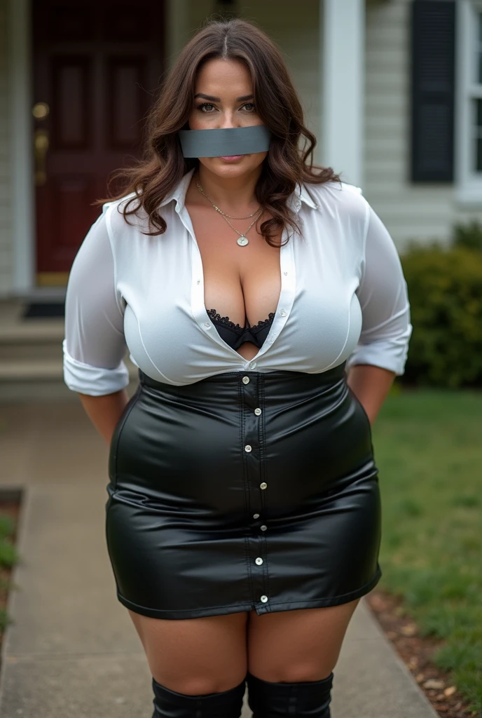 Une cougar âgée en surpoids.
Elle porte une chemise blanche en coton, une mini jupe en cuir noir avec boutons devant et des cuissardes à talons hauts.
Elle est à genoux les mains dans le dos devant sa maison.
Sa chemise est ouverte pour montrer son soutien gorge en cuir noir.
Un scotch gris entoure sa bouche.
Photo réaliste