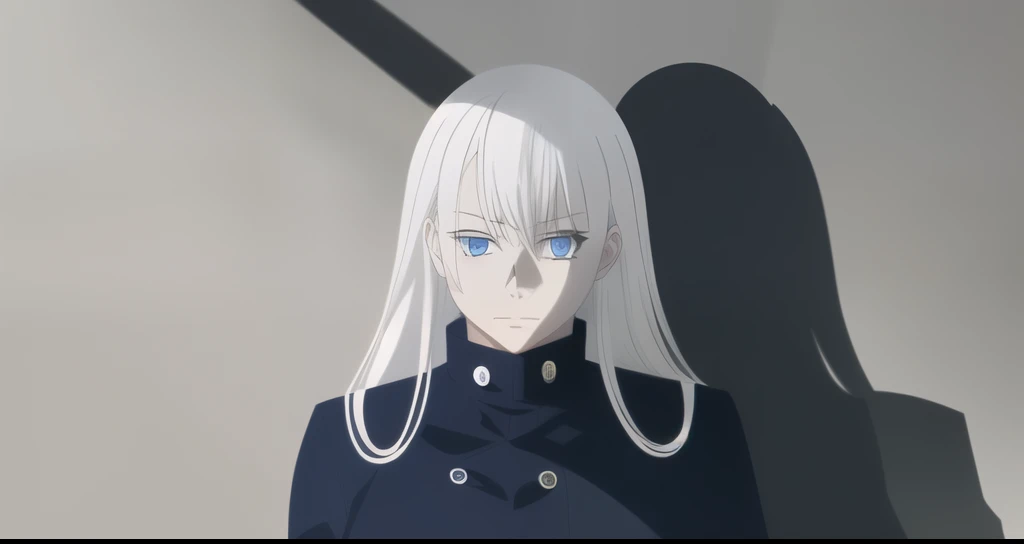 (masterpiece), (best quality), (ultra-detailed), (best illustration), (best shadow), (absurdres), long hair, white hair, ((blue eyes)), jujutsu kaisen female schoolar uniform, 1girl, solo, jacket, bangs, gakuran, closed mouth, long sleeves, looking at viewer, upper body, jujutsu kaisen ART style