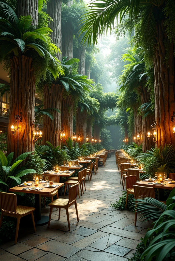 Jungle theme resturant decor and also wall sculpture on few walls with few pillars which is converted into tree trunks 
