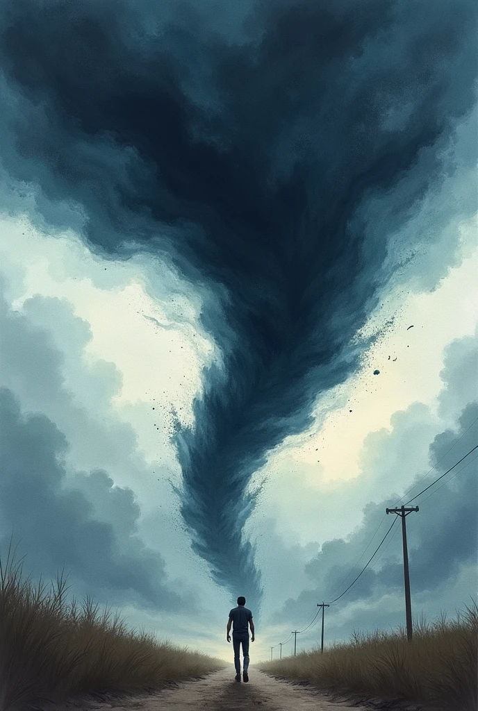 A dark and ominous watercolor painting with a swirling tornado at the center, dominating the scene. Within the tornado, a young man is being swept up, his body caught in the powerful winds, flying through the air. The sky around the tornado is filled with stormy clouds, creating a sense of tension and intensity. The overall mood should be dark and dramatic, with the watercolor technique emphasizing the fluidity and chaos of the tornado and the young man's perilous situation.