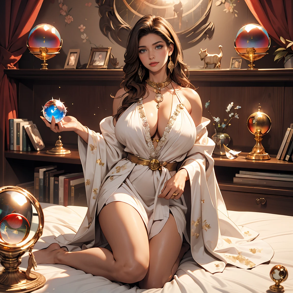 Pretty Caucasian (female), Sarah Shahi, a slim but muscular body, huge breasts, brown messy hair, blue eyes, 30 years old, large chest, wide hips, curvy physique, cleavage, blushing, seductive eyes, wearing open shiny white silk robe with detailed gold with silver floral pattern, kneeling on bed, bare legs, ((tarot cards on the bed)), sunset, red curtains, ((crystal ball on bed: 1.5)), candles, bookshelf, (((solo))), (masterpiece), erotic, seductive, bare shoulders, huge ,