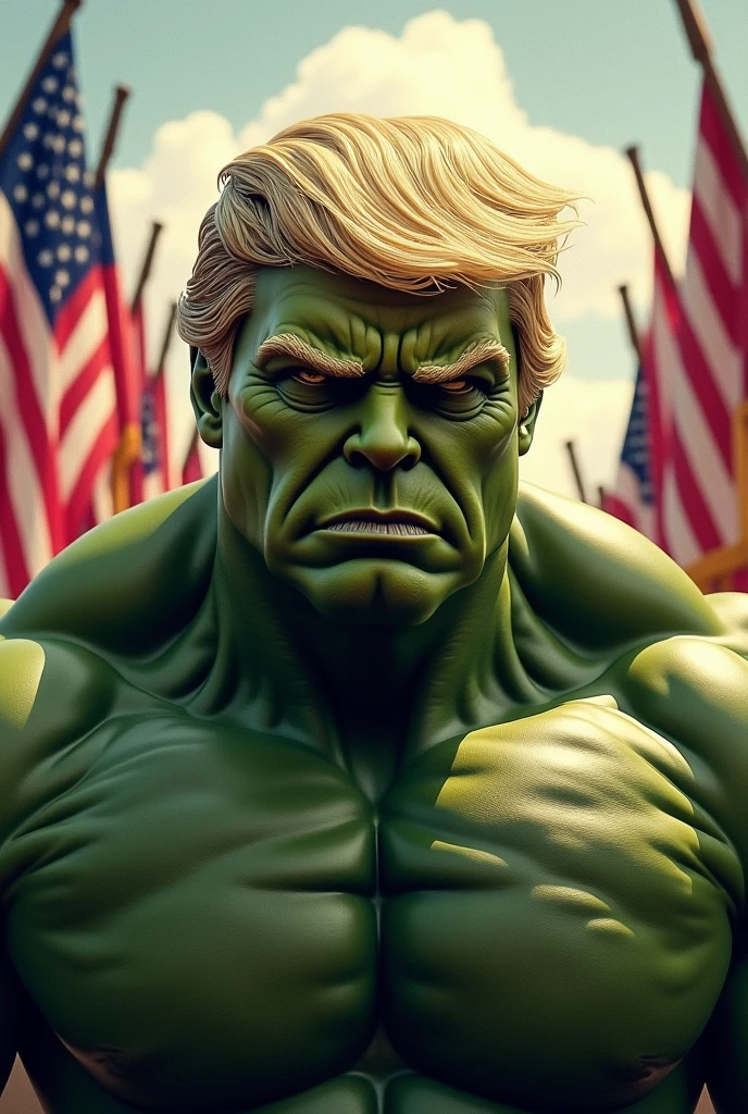 image trump as hulk with american flags in background