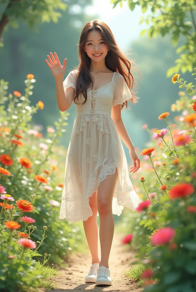 japanese girl,25 yo, waving brown long hair,white patterns dress,white snakers,sunglass oakley,garden with flower ,hd