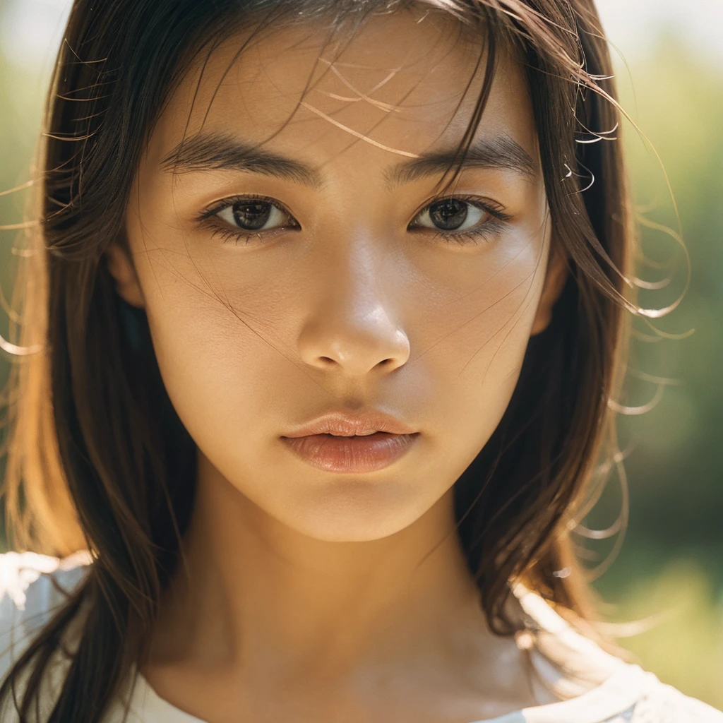 A hyper-realistic image of a single Japanese woman in her early 20s, captured with the nostalgic warmth and subtle graininess of a film camera. Her skin has a warm beige tone with a natural, slightly rough texture that includes visible pores, fine lines, and subtle imperfections such as small blemishes, adding to the authenticity of her appearance. The soft, diffused natural light enhances the film-like quality, casting gentle shadows that create a timeless, organic feel. Her straight, glossy black hair frames her face in a natural, slightly tousled manner, and her deep brown eyes reflect the ambient light, adding depth and emotion. The film camera effect introduces a slight grain and a softer focus, giving the image a warm, nostalgic atmosphere while maintaining the realistic texture of her skin. She is dressed simply, in a way that complements her natural beauty, with the overall composition designed to evoke a sense of genuine, understated elegance. The use of natural light, combined with the deliberately rougher texture of her skin and the film-like qualities, ensures that this image captures the imperfections that make her beauty truly lifelike, focusing solely on this one individual.