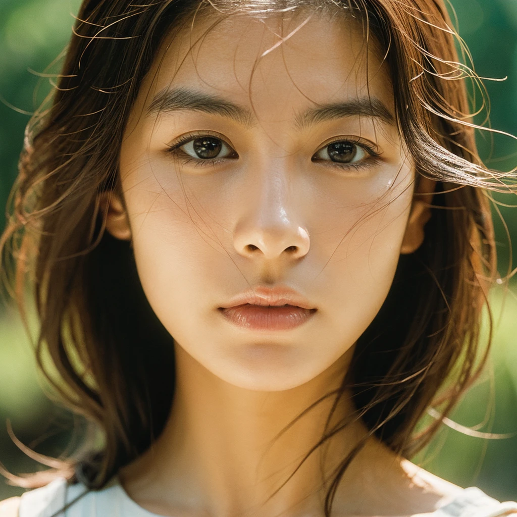 A hyper-realistic image of a single Japanese woman in her early 20s, captured with the nostalgic warmth and subtle graininess of a film camera. Her skin has a warm beige tone with a natural, slightly rough texture that includes visible pores, fine lines, and subtle imperfections such as small blemishes, adding to the authenticity of her appearance. The soft, diffused natural light enhances the film-like quality, casting gentle shadows that create a timeless, organic feel. Her straight, glossy black hair frames her face in a natural, slightly tousled manner, and her deep brown eyes reflect the ambient light, adding depth and emotion. The film camera effect introduces a slight grain and a softer focus, giving the image a warm, nostalgic atmosphere while maintaining the realistic texture of her skin. She is dressed simply, in a way that complements her natural beauty, with the overall composition designed to evoke a sense of genuine, understated elegance. The use of natural light, combined with the deliberately rougher texture of her skin and the film-like qualities, ensures that this image captures the imperfections that make her beauty truly lifelike, focusing solely on this one individual.