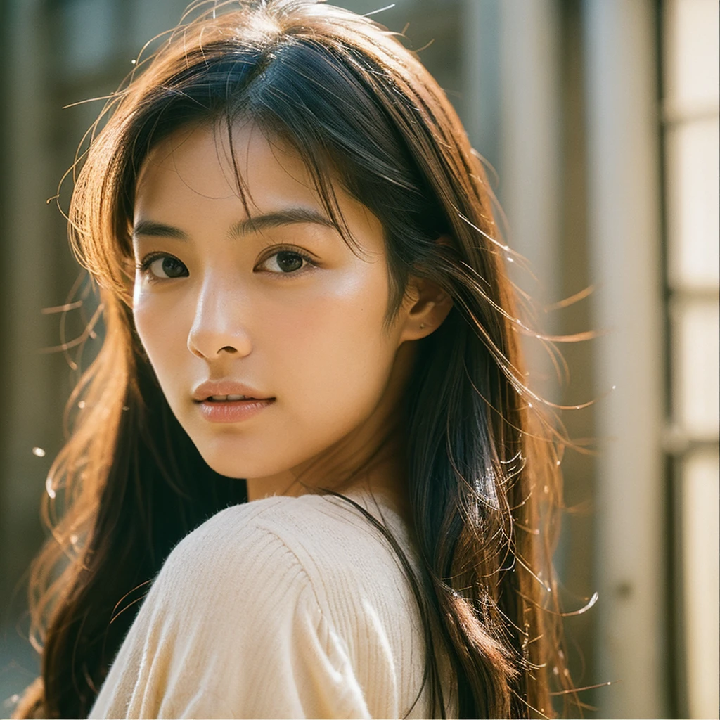 A hyper-realistic image of a single Japanese woman in her early 20s, captured with the nostalgic warmth and subtle graininess of a film camera. Her skin has a warm beige tone with a natural, slightly rough texture that includes visible pores, fine lines, and subtle imperfections such as small blemishes, adding to the authenticity of her appearance. The soft, diffused natural light enhances the film-like quality, casting gentle shadows that create a timeless, organic feel. Her straight, glossy black hair frames her face in a natural, slightly tousled manner, and her deep brown eyes reflect the ambient light, adding depth and emotion. The film camera effect introduces a slight grain and a softer focus, giving the image a warm, nostalgic atmosphere while maintaining the realistic texture of her skin. She is dressed simply, in a way that complements her natural beauty, with the overall composition designed to evoke a sense of genuine, understated elegance. The use of natural light, combined with the deliberately rougher texture of her skin and the film-like qualities, ensures that this image captures the imperfections that make her beauty truly lifelike, focusing solely on this one individual.