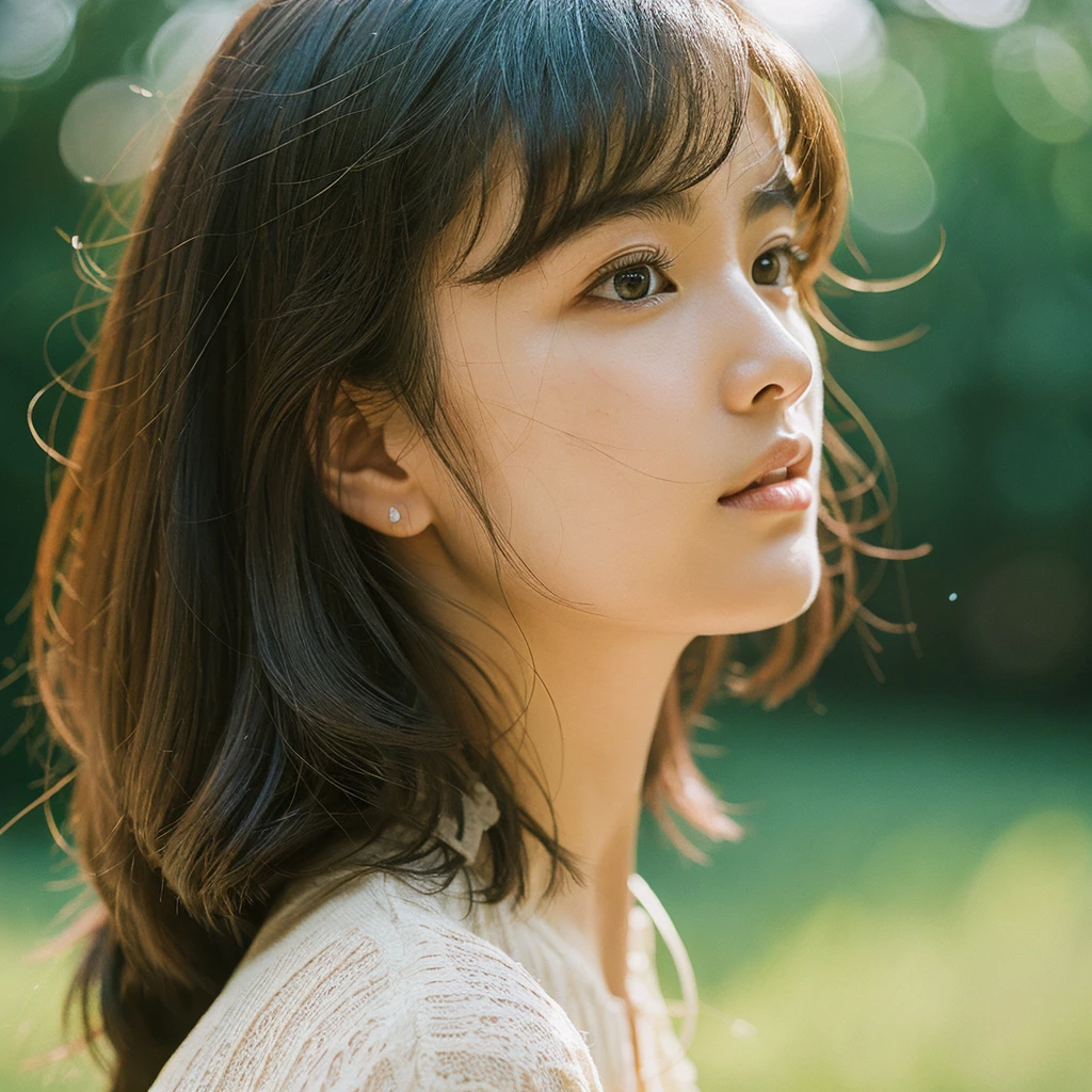 A hyper-realistic image of a single Japanese woman in her early 20s, captured with the nostalgic warmth and subtle graininess of a film camera. Her skin has a warm beige tone with a natural, slightly rough texture that includes visible pores, fine lines, and subtle imperfections such as small blemishes, adding to the authenticity of her appearance. The soft, diffused natural light enhances the film-like quality, casting gentle shadows that create a timeless, organic feel. Her straight, glossy black hair frames her face in a natural, slightly tousled manner, and her deep brown eyes reflect the ambient light, adding depth and emotion. The film camera effect introduces a slight grain and a softer focus, giving the image a warm, nostalgic atmosphere while maintaining the realistic texture of her skin. She is dressed simply, in a way that complements her natural beauty, with the overall composition designed to evoke a sense of genuine, understated elegance. The use of natural light, combined with the deliberately rougher texture of her skin and the film-like qualities, ensures that this image captures the imperfections that make her beauty truly lifelike, focusing solely on this one individual.