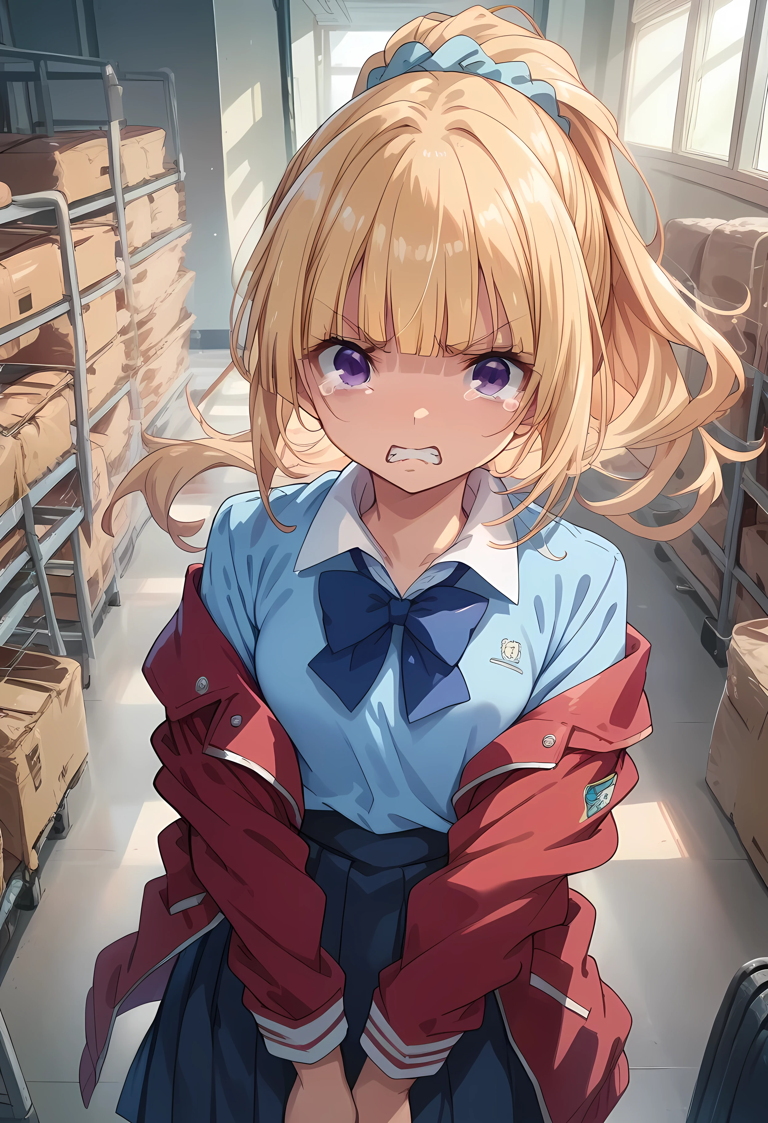 masterpiece, high quality, Perfect Face, Beautiful Face, Photo Background,Perfect Skin, Beautiful Skin, Soft Skin, Glowing Skin, Intricate details, Delicate pattern, looking at viewer,gym storeroom ,best quality, masterpiece, kei karuizawa, long hair, bangs, blunt bangs, (purple eyes:1.1), blonde hair, shirt, hair ornament, ponytail, scrunchie, blue scrunchie,skirt, shirt, bow, school uniform, jacket, (red jacket:1.2), pleated skirt, bowtie, sweater, (blue bow:1.2), (blue shirt:1.2), scared ,angry, (tearing up:1.2), (wariza:1.2)