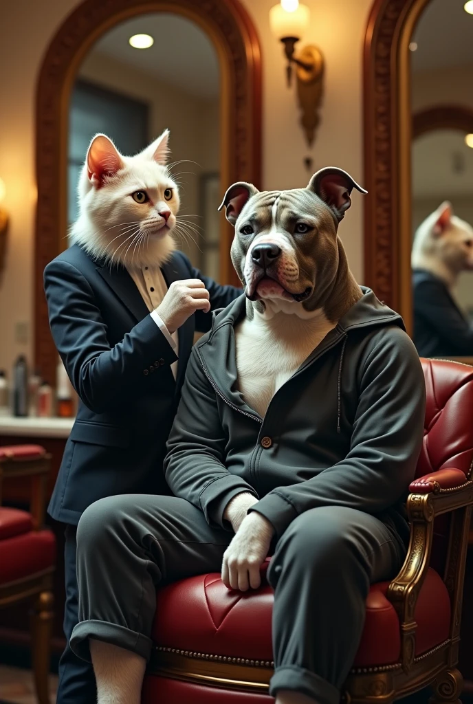 
‏ cat laughing hairdresser in elegant suit styling hair on luxury chair in barbershop very big pitbull in tracksuit realistic, real, high resolution detail, full photo like real