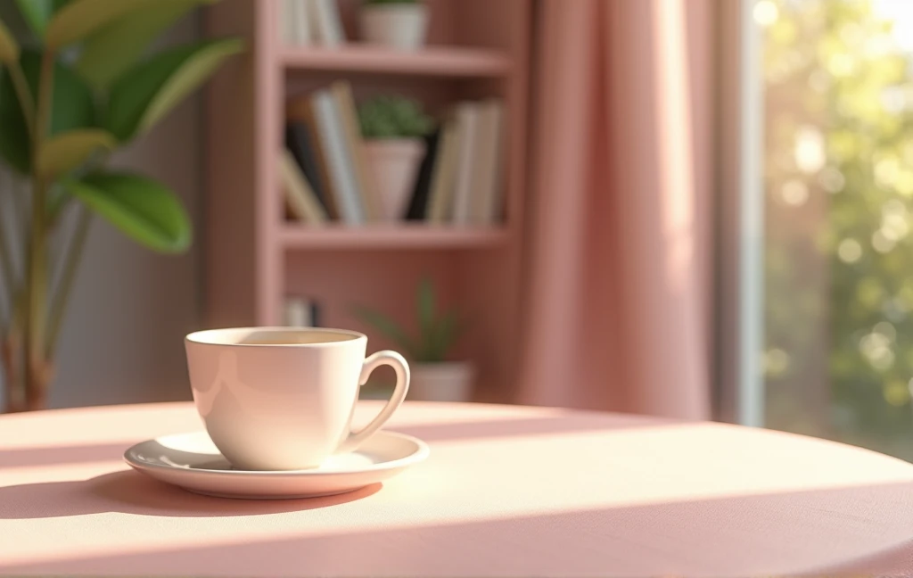 Ultra Detailed, best quality, Ultra-high resolution, Professional lighting, Photon Mapping, Radiosity, Physically Based Rendering, Movie Lighting, Depth of Field, Focus, Sun rays, Good composition, Light pink theme close-up tabletop is simple and clean with fabric texture. Coffee cup is on the side. Bookshelf background has some green leaves.