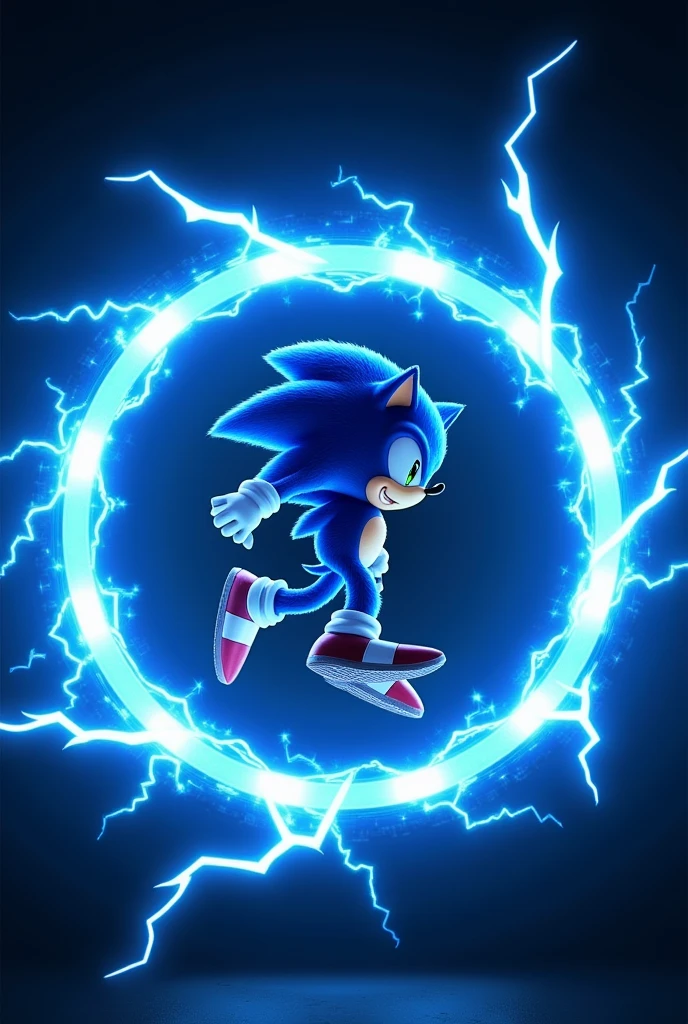 Sonic coming out of a ring of blue aelectric rays, Black background