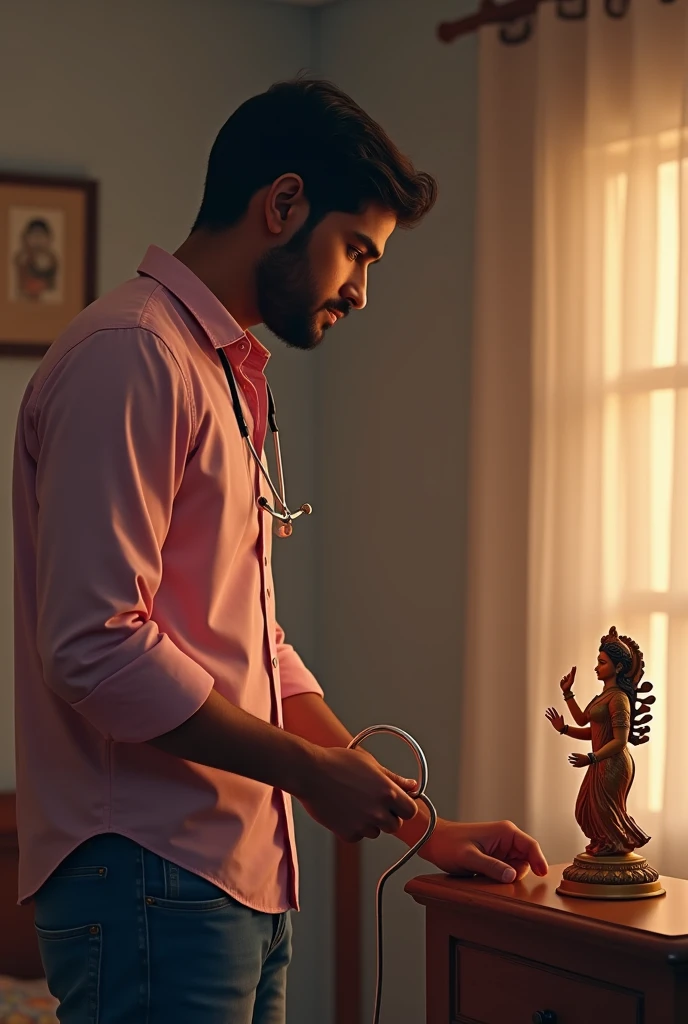 30 years Indian young man is looking into goddess Durga small standing statue at his home. He wears light pink shirt, blue jeans. His back side should be displayed. He holds stethoscope with one hand. He has light thin beard.