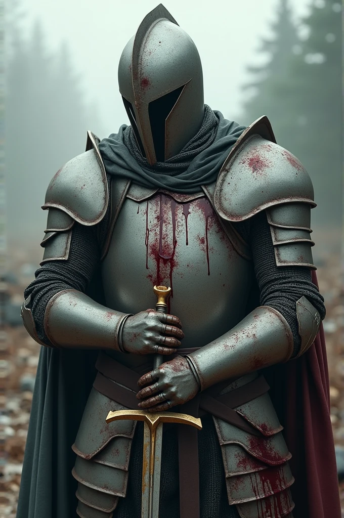 A knight in full armor, but it is worn and broken, a little blood is dripping down his body, his head is held in place by his helmet, but inside the helmet you can see a glass and the knight's sword, broken in half, with blood on the tip.