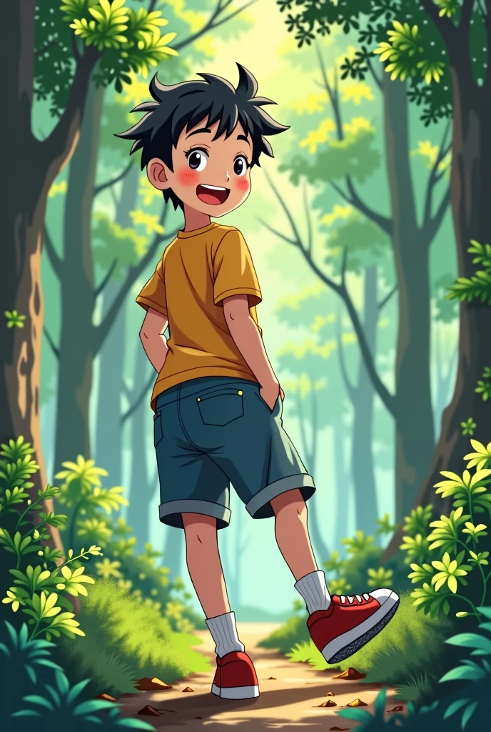 A happy anime boy, showing her butt, in a forest background