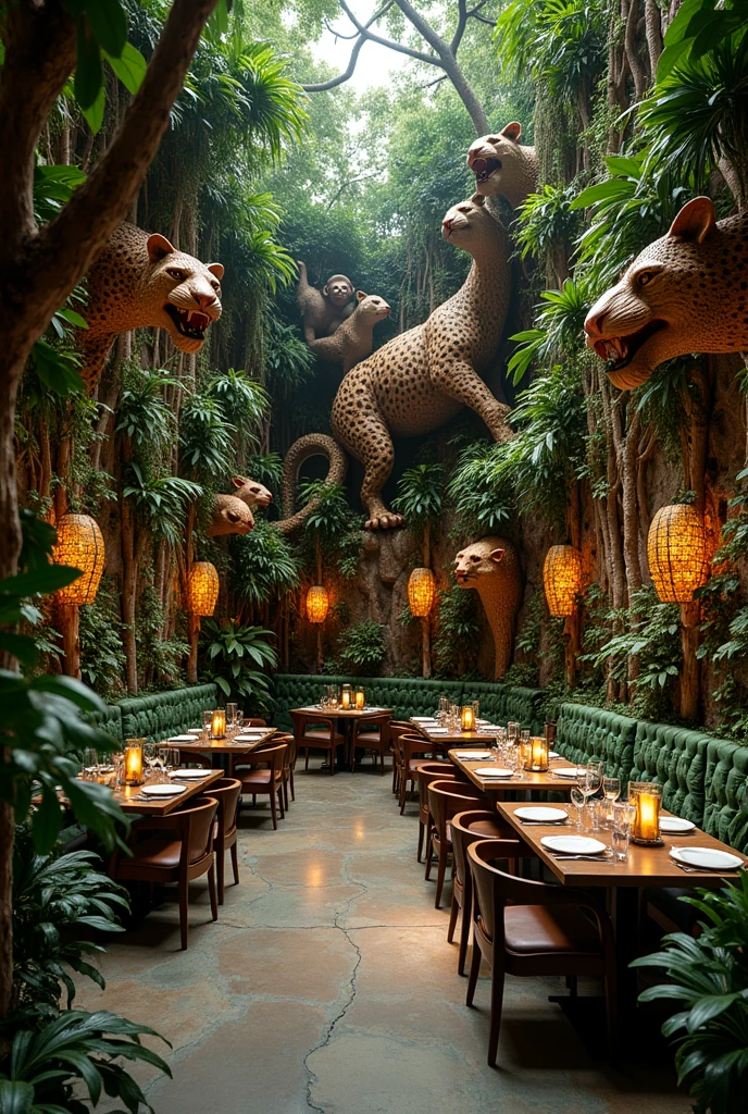 Jungle theme resturant decor and also wall sculpture on few walls. 