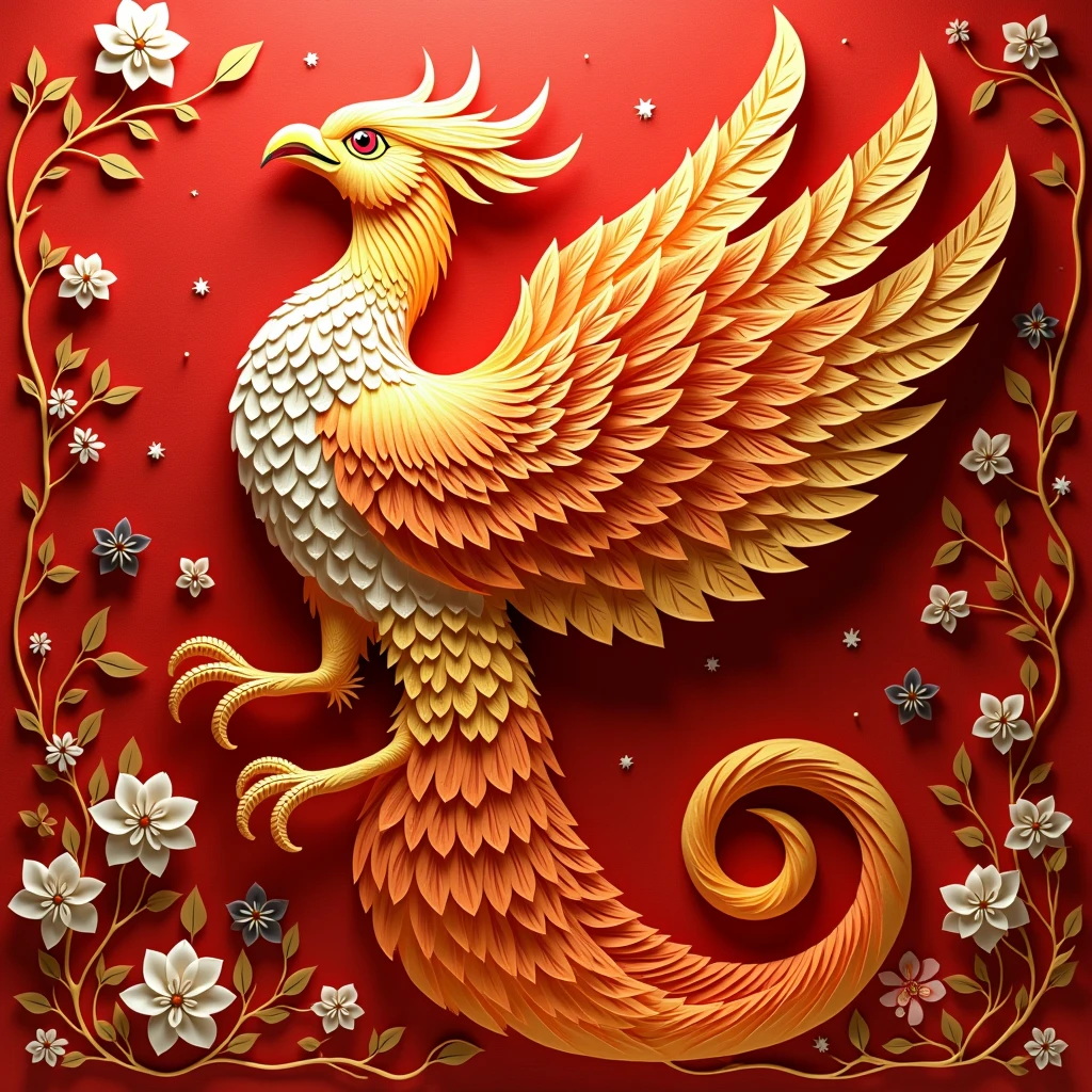 Paper Cut Style: Phoenix,Gorgeous feathers and patterns,Bright red、Orange and gold,High contrast,Carefully crafted,Fine details,Paper Art Folding Tips,Shadows and Highlights,Playing with light and shadow,Paper texture,Traditional Chinese Art,Aesthetic beauty,Elegant and sophisticated design,Fantastic atmosphere,Vibrant colors,Precise and delicate paper sculpture,Handmade artwork,Beautifully layered composition,Scrolls and flowers,Gold and silver spots,Depth and Dimensionality,Ethereal and dreamlike,Graceful and charming,Light and flowy,peaceful