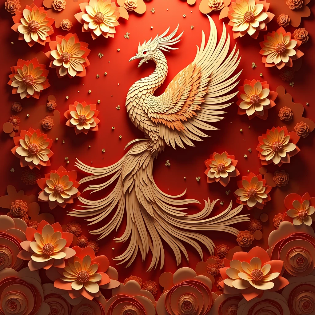 Paper Cut Style: Phoenix,Gorgeous feathers and patterns,Bright red、Orange and gold，High contrast,Carefully crafted,Fine details,Paper Art Folding Tips,Shadows and Highlights,Playing with light and shadow,Paper texture,Traditional Chinese Art,Aesthetic beauty,Elegant and sophisticated design,Fantastic atmosphere,Vibrant colors,Precise and delicate paper sculpture,Handmade artwork,Beautifully layered composition,Scrolls and flowers,Gold and silver spots,Depth and Dimensionality,Ethereal and dreamlike,Graceful and charming,Light and flowy,peaceful