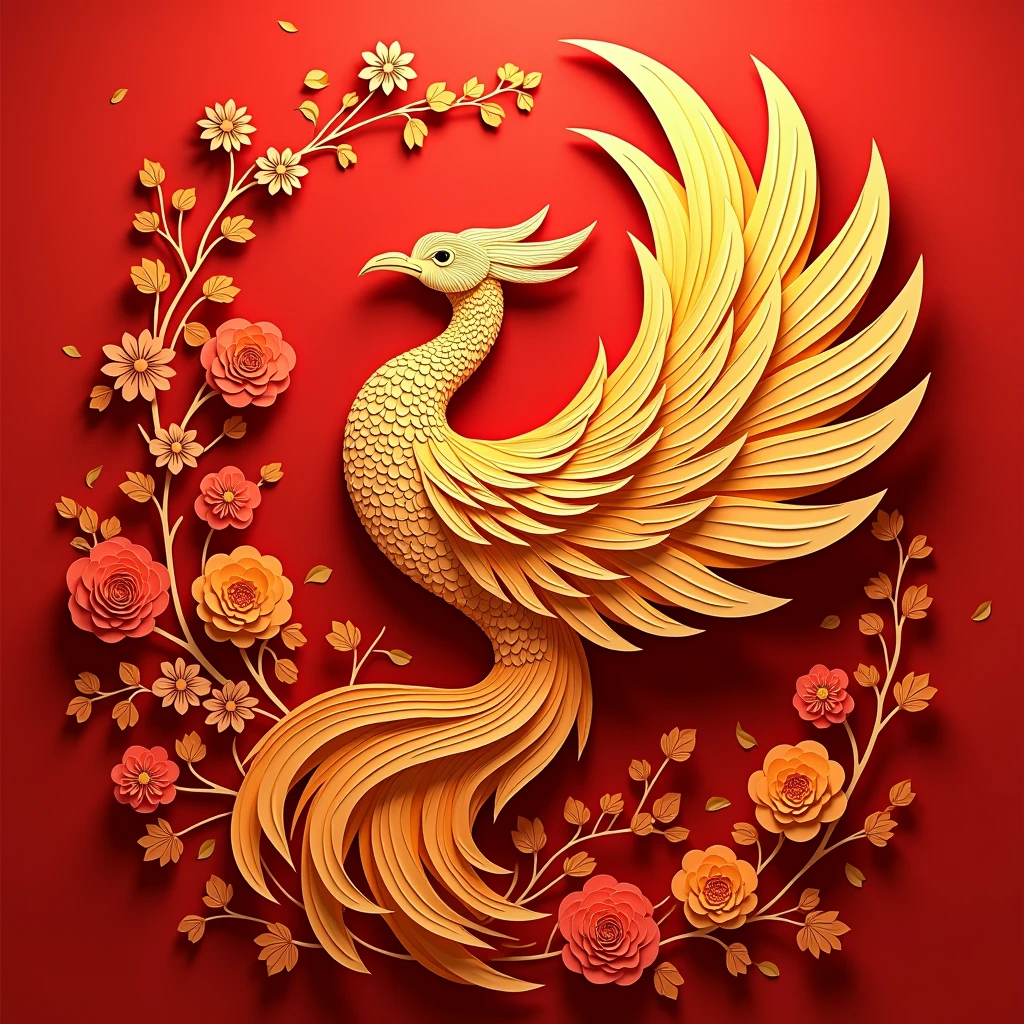 Paper Cut Style: Phoenix,Gorgeous feathers and patterns,Bright red、Orange and gold,High contrast,Carefully crafted,Fine details,Paper Art Folding Tips,Shadows and Highlights,Playing with light and shadow,Paper texture,Traditional Chinese Art,Aesthetic beauty,Elegant and sophisticated design,Fantastic atmosphere,Vibrant colors,Precise and delicate paper sculpture,Handmade artwork,Beautifully layered composition,Scrolls and flowers,Gold and silver spots,Depth and Dimensionality,Ethereal and dreamlike,Graceful and charming,Light and flowy,peaceful