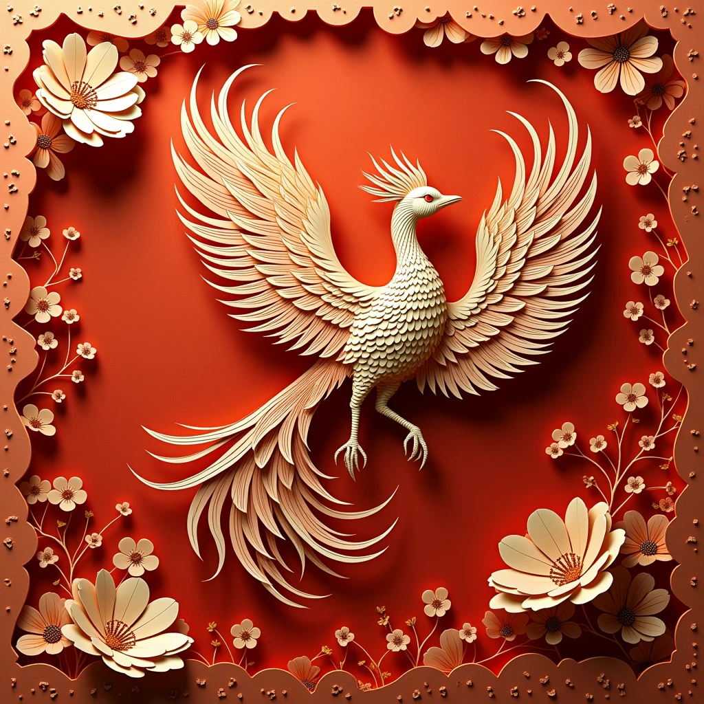 Paper Cut Style: Phoenix,Gorgeous feathers and patterns,Bright red、Orange and gold,High contrast,Carefully crafted,Fine details,Paper Art Folding Tips,Shadows and Highlights,Playing with light and shadow,Paper texture,Traditional Chinese Art,Aesthetic beauty,Elegant and sophisticated design,Fantastic atmosphere,Vibrant colors,Precise and delicate paper sculpture,Handmade artwork,Beautifully layered composition,Scrolls and flowers,Gold and silver spots,Depth and Dimensionality,Ethereal and dreamlike,Graceful and charming,Light and flowy,peaceful