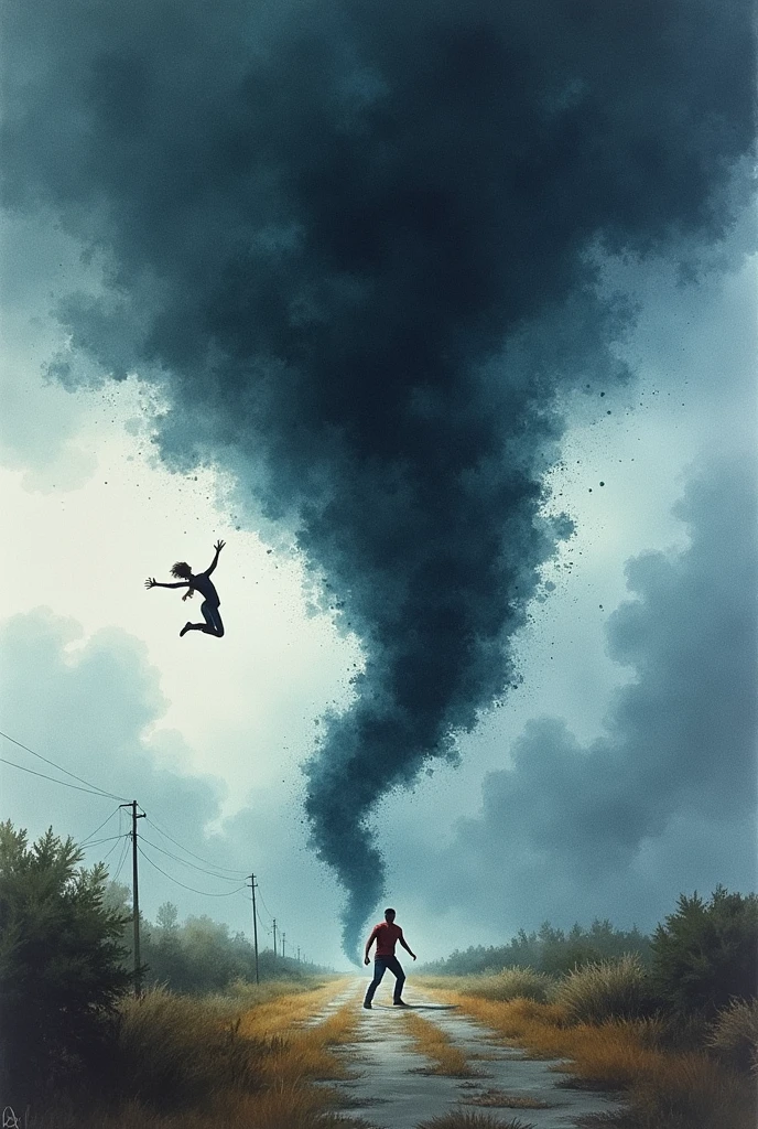A dark and ominous watercolor painting with a swirling tornado at the center, dominating the scene. Within the tornado, a young man is being swept up, his body caught in the powerful winds, flying through the air. The sky around the tornado is filled with stormy clouds, creating a sense of tension and intensity. The overall mood should be dark and dramatic, with the watercolor technique emphasizing the fluidity and chaos of the tornado and the young man's perilous situation.