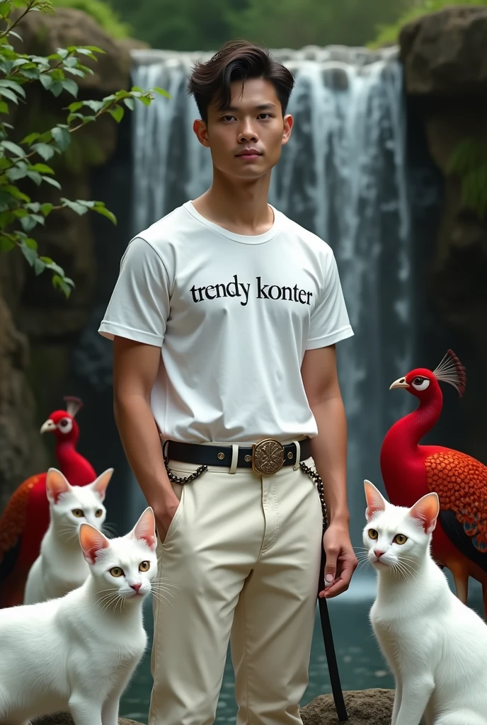 Indonesian young man 30 years old, dashing, white skin, looking at the camera, white satin t-shirt that says "TRENDY KONTER" cream colored mountain pants, black belt with keris motif, walking beside a small waterfall, there are white cats and red peacocks blooming wing