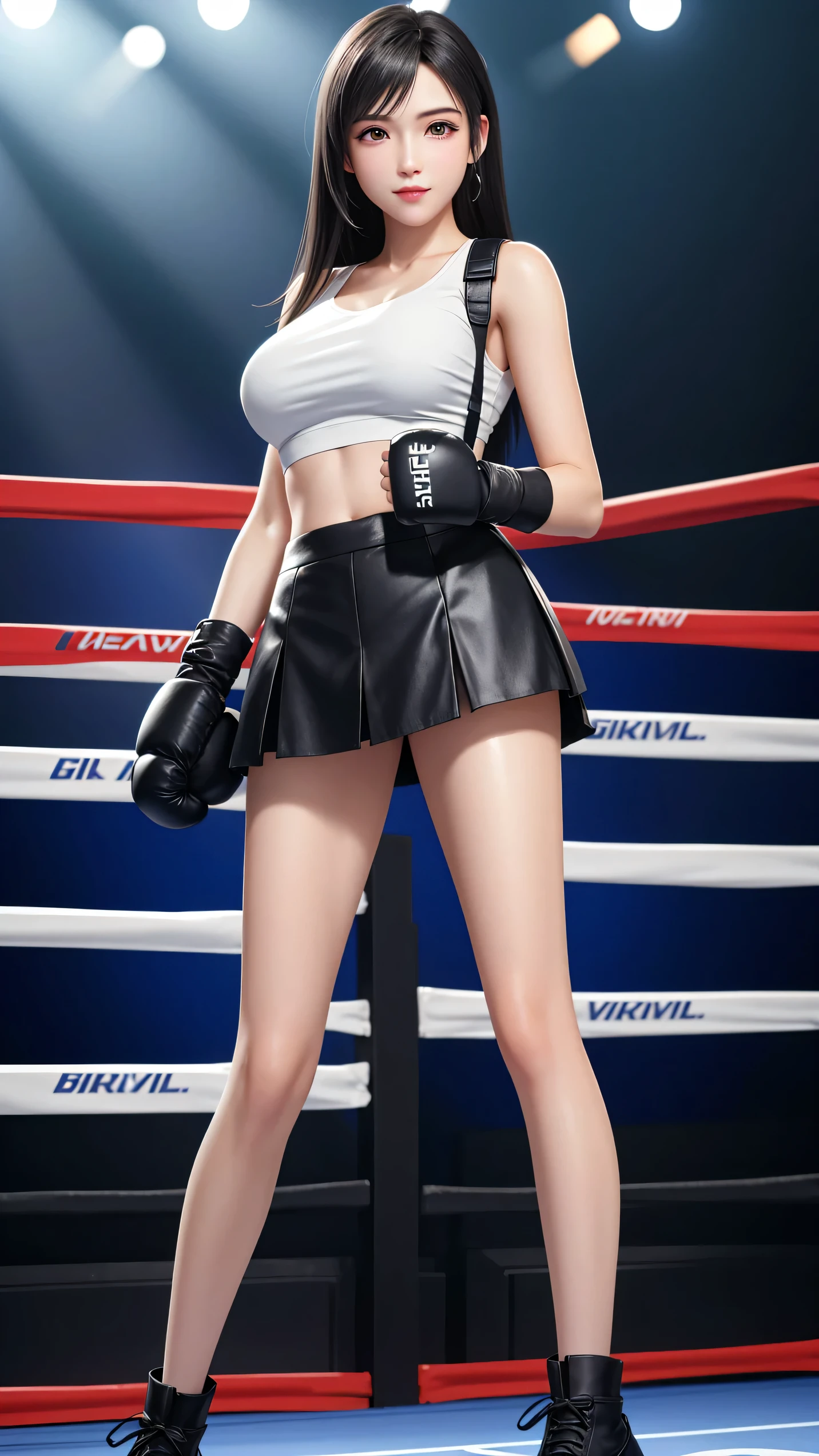 8k,masterpiece, Highest quality,big, (1 person), Tifa Lockhart, red_eye, Black Hair, Long Hair, Professional Lighting, (Glowing Skin: 1.2), shiny big, ((Highest quality)), Sharp focus: 1.2, Highly detailed face and skin texture, detailed eye, Perfect Face, Perfect body, Blur Art, CG, Background Big Tits, before (20-year-old, Mature, cool and beautiful face), Worn (Black skirt with suspenders), Boxing gloves, Boxing Ring, White Tight Shirt, thigh, black tight pants, White tank top, belly button,Smirking,From Below,Look At View,Victor,Full body,