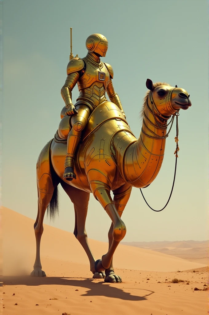 Camel in the desert wearing golden armor in 2050