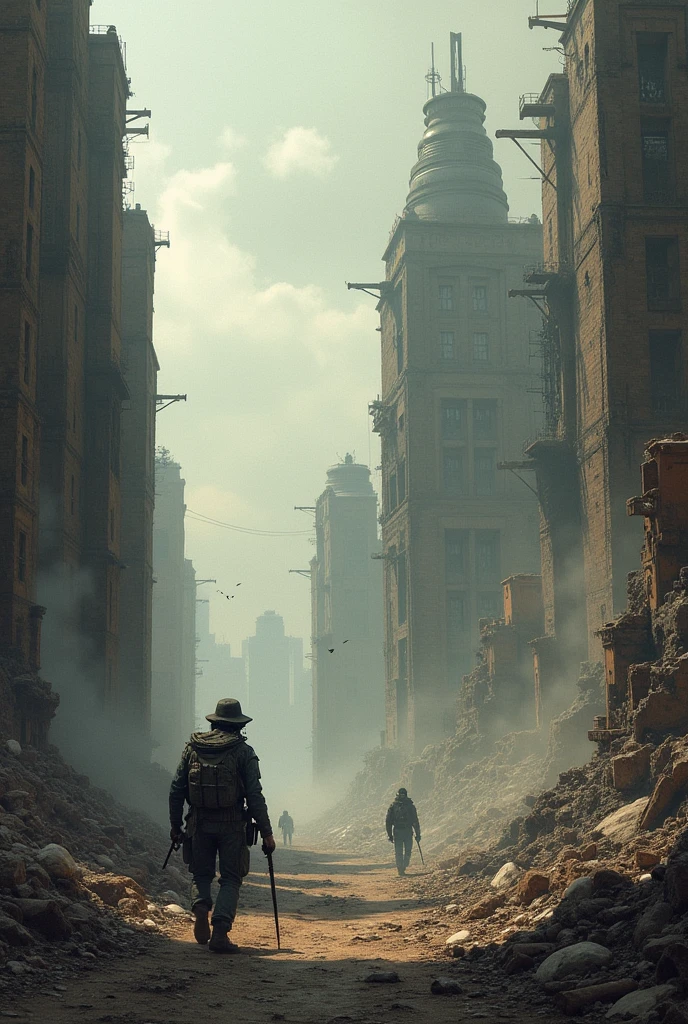 Make a representation of an apocalyptic world, emerged after wars that devastated the world