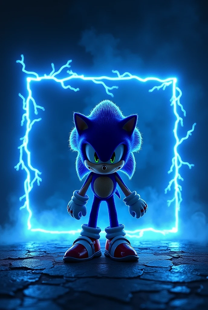 Sonic coming out of a square ring of blue aelectric rays, Black background