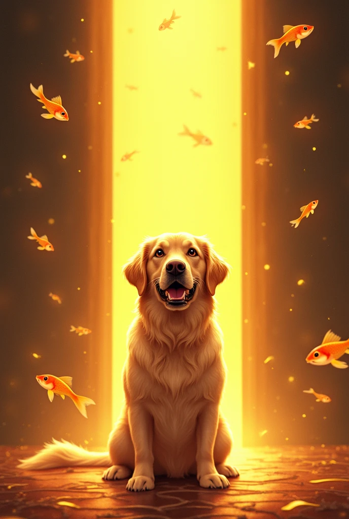 Perfect centralization, Fantastic black-gold beam, happiness, Standing, Golden retriever, center, Looking at the camera, Facing the camera, Nearly perfect, Dynamic, Very detailed, seed, Sharp focus, 8K, high resolution, illustration, Art work:carne griffiths 和 wadim kashin, Goldfish characters