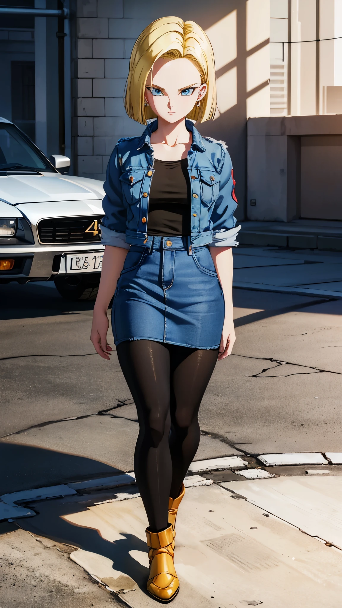 (extremely detailed CG unity 4k wallpaper),(masterpiece),(best quality),(ultra-detailed),(best illustration),(best shadow),(absurdres),(detailed background), Android 18, 1girl, android 18, solo, blonde hair, pantyhose, blue eyes, skirt, earrings, jewelry, short hair, white background, simple background, denim, black pantyhose, denim jacket
