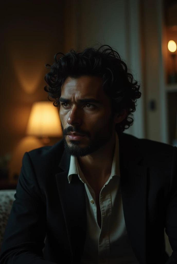 Latin man with curly hair, short beard , Room with low light, photo far away