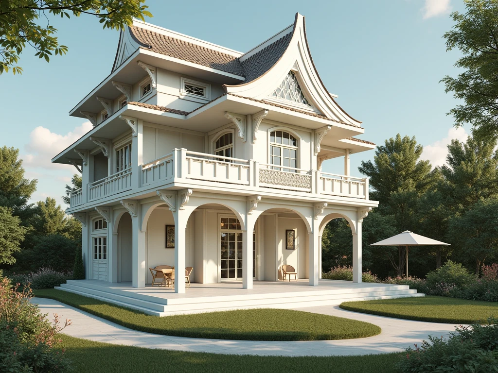 chef-d'œuvre, (photoréaliste : 1.2), meilleure qualité, haute résolution, extérieur, architecture de maison de jardin, maison entièrement fonctionnelle, architecture de toit japonaise, toit japonais, murs blancs, fenêtres en verre, route de circulation, ciel bleu, rendu réaliste super détaillé, 32 000 uhd , contre-plongée, structure composite, empilé/empilé, conception de pages créatives, lumière du jour, rendu (Vray : 1.1)