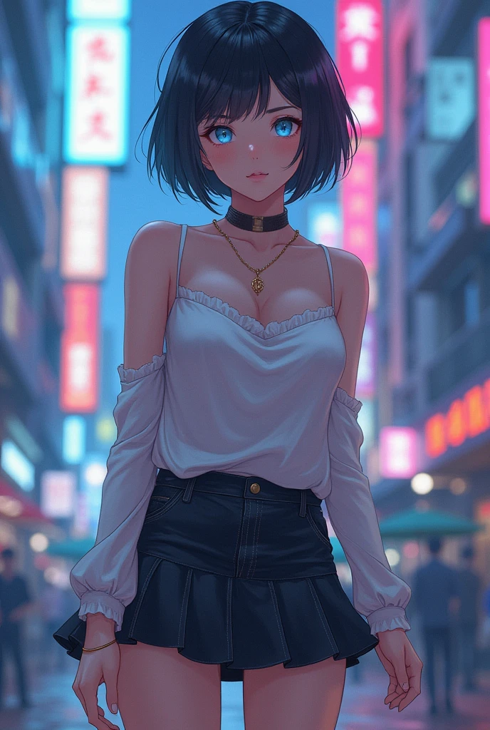 Japanese idol with short hair、Glamour、Wearing a mini skirt、Atmosphere、Masterpiece、Future City、Blue colored contacts、Real People,