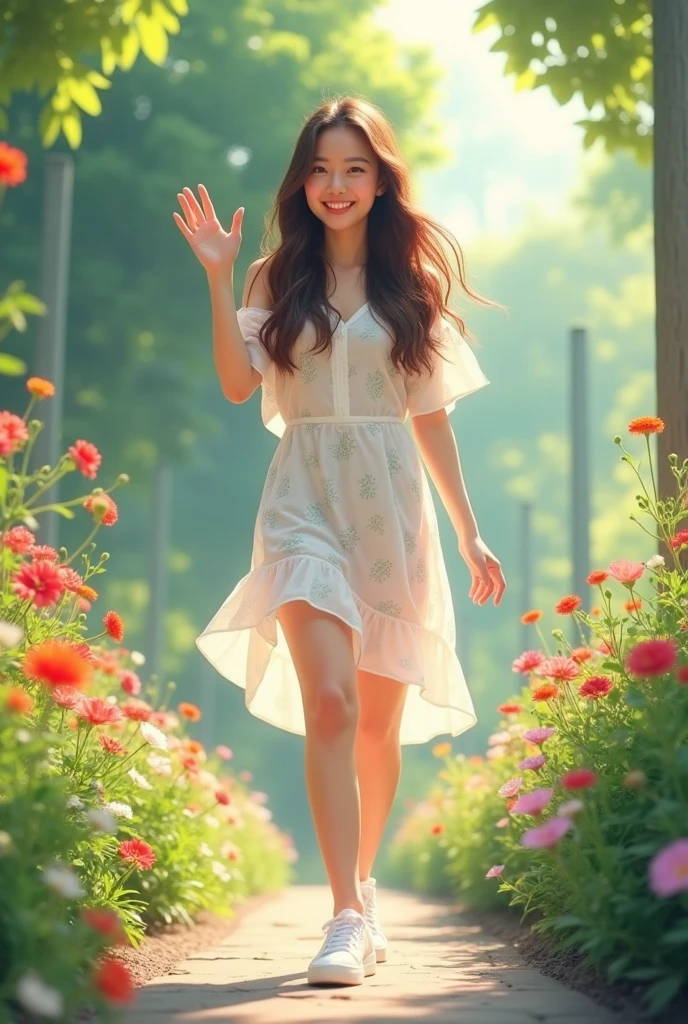 japanese girl,25 yo, waving brown long hair,white patterns dress,white snakers,sunglass oakley,garden with flower ,hd
