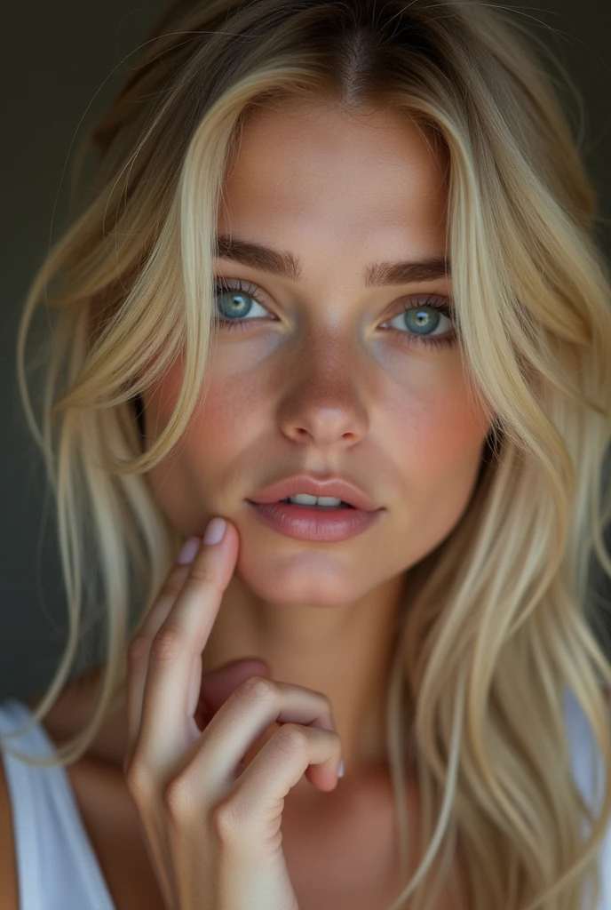 Uncensored, realistic, blonde, blue eye, two fingers in sex