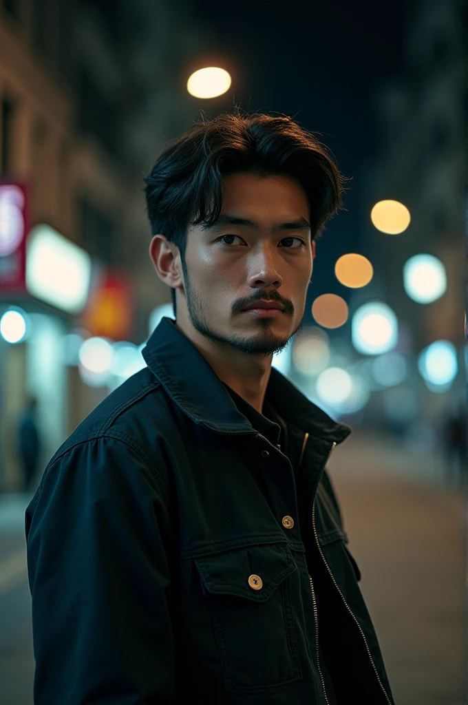 RAW photo, a portrait photo of 25 y.o man in casual clothes, night, city street, (high detailed skin:1.2), 8k uhd, dslr, soft lighting, high quality, film grain, Fujifilm XT3