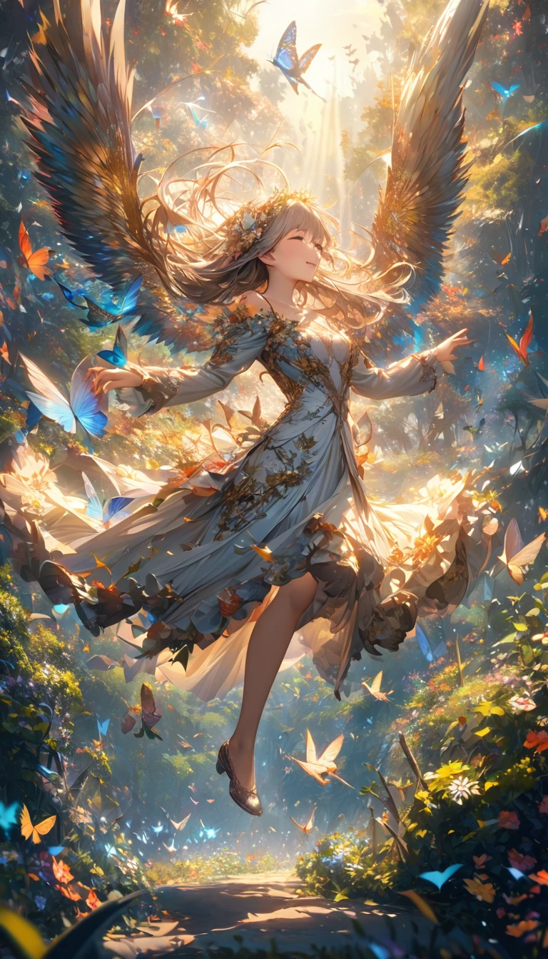 The sun shines on the leaves of the forest,Birds flying in the sky,Butterflies dancing among the flowers。 (Extremely detailed, Absolute resolution, best quality:1.3), 2.5D, Delicate and dynamic, artistic, overtake, Graphics CG Digital Art