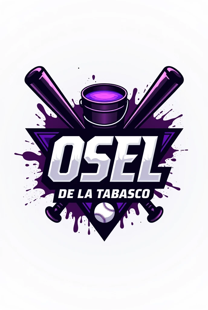 Logo with typography of a softball team called “Pinturas Osel de la Tabasco” with bats and buckets of paint. Implement purple and black colors throughout the design..