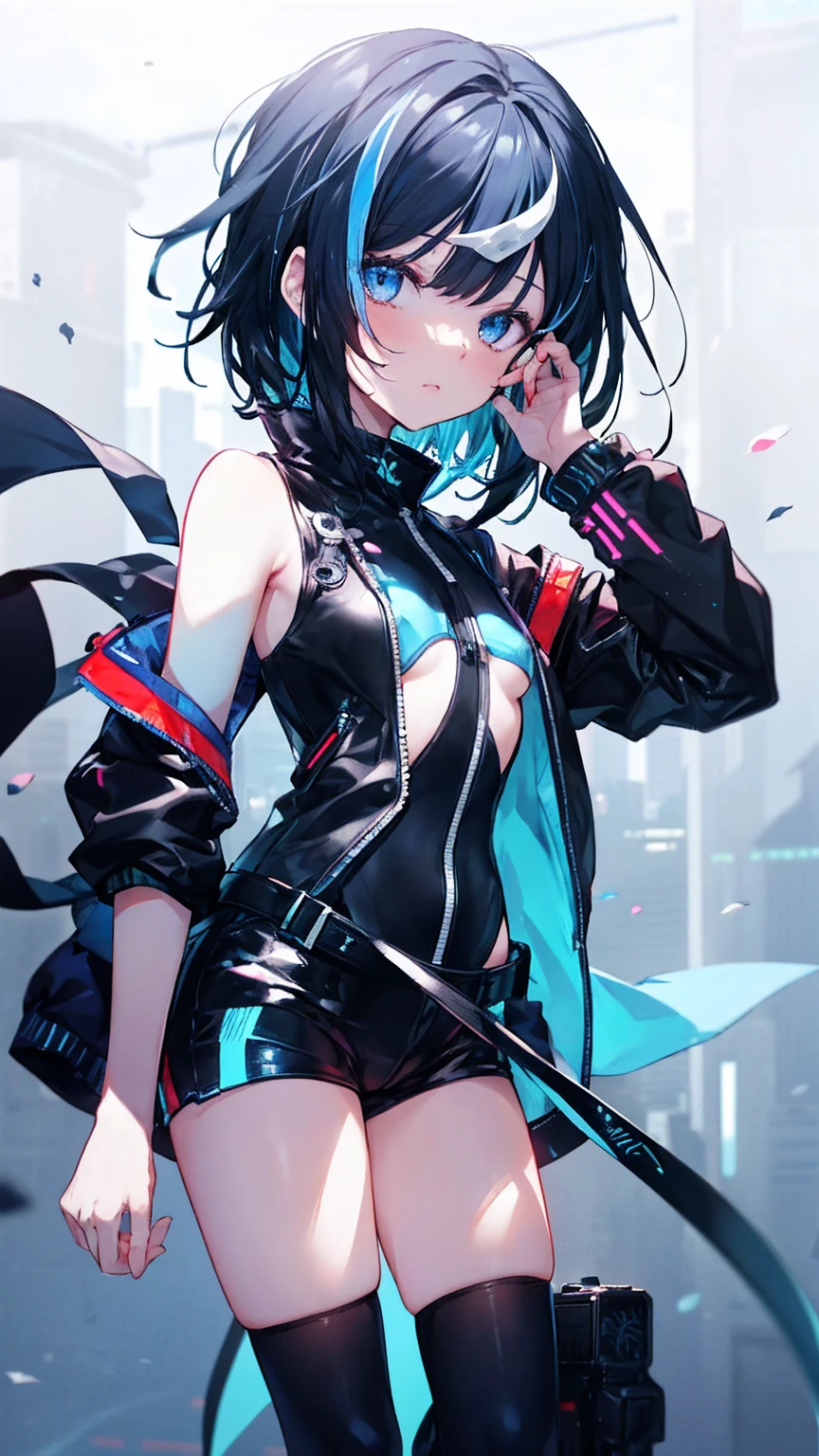 Anime character with gun and black jacket, artwork in the style of Gwaiz, Anime Style 4k yen, Gwaiz, Anime Style. 8k, Gwaiz on artstation pixiv, Gwaiz on pixiv artstation, Ilya Kuvshinov. 4k yen, 4k anime wallpaper, Cyberpunk anime, High quality anime art style, Jinx Face, Wolf Cut, short hair, hot pants, Small breasts, ((Black Hair, Inner bright blue hair:1.4)), Pitch Resuit, rubber ,Nipples, tits, R18, Nipple piercing, Slanted Eyes, Ahegao