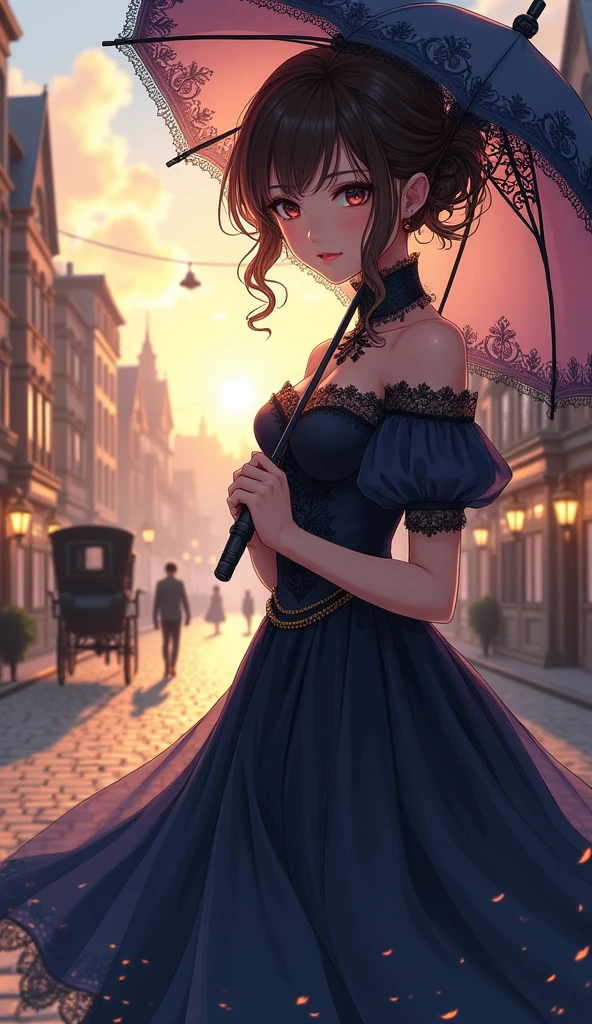 A captivating anime illustration of a refined and alluring female character, adorned in an exquisite dark blue Victorian-inspired microdress with a high collar and intricate lace patterns. She gracefully holds an ornate umbrella, adorned with delicate designs, in her right hand. Her enigmatic gaze draws the viewer in, exuding an air of mystery and charm. In the background, a serene morning in a bustling city from the 1900s. The scene features a cobblestone street lined with charming, colorful buildings adorned with ornate architectural details. In the foreground, a few early risers stroll along the path, accompanied by a horse-drawn carriage. A warm, golden sun rises in the background, casting a gentle glow over the cityscape, while soft, dreamy clouds fill the sky.