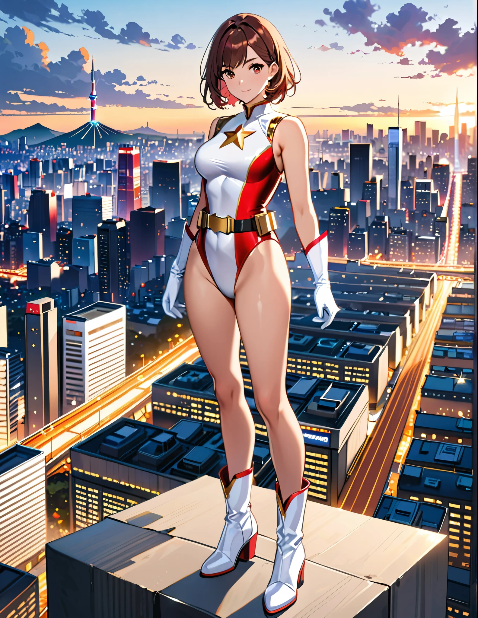 (masterpiece), (best quality), (high res), medium breasts, ((leotard, white and red leotard, matching leotard, sleeveless, bare legs)), (((tight belt, gold belt))), ((boots, matching boots, (ankle-high boots, white boots))), ((gloves, white gloves)), city backdrop, tokyo city backdrop, solo, solo focus, standing, (full body), cowboy shot, superhero, ((beautiful detailed eyes)), ((gold star symbol on chest)), (brown hair, medium hair, bob hair, purple eyes), (perfect hands, perfect anatomy), cowboy shot, superhero, ((beautiful detailed eyes)), full body costume design.