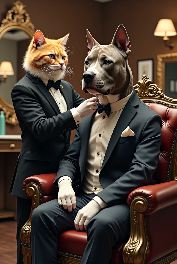  cat laughing hairdresser in elegant suit cating hair on luxury chair in barbershop very big pitbull in tracksuit realistic, real, high resolution detail, full photo like real