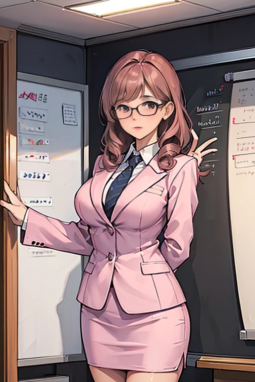 (Secretary Woman:1.3), (businessman:1.2), (Standing posture:1.2), (whiteboard:1.3), (Thought expression:1.2), (Planning Sessions:1.1), (Office Background:1.0), (pink skirt suit:1.1), (long curly brown hair:1.1), (Write on the board:1.0), (Retention markers:1.1), (Papers on hand:1.0), (Discussion gestures:1.1), (Point to the board:1.0), (Collaborative atmosphere:1.2), (Lighting from the window:1.0), scared