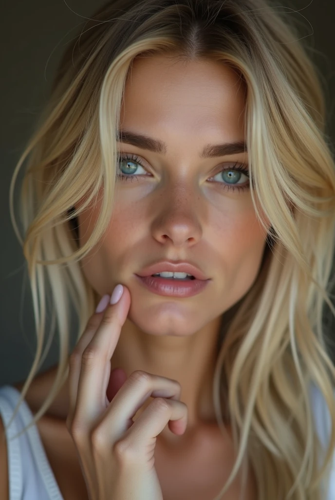 Uncensored, realistic, blonde, blue eye, two fingers in sex