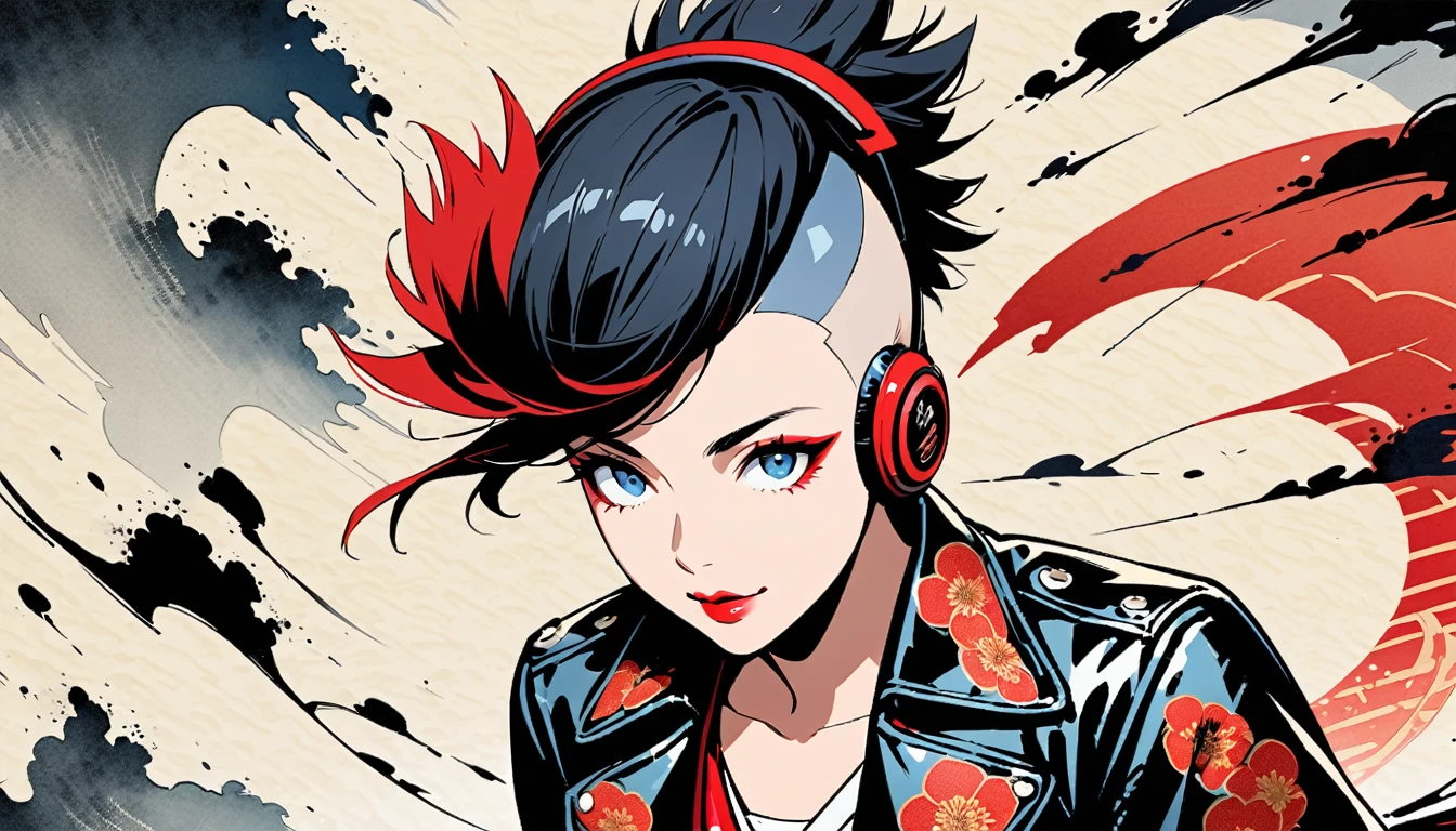 (((Ink Painting))), (((from above))), (((1 female))), (((Leather jacket with Japanese patterns))), (((Mohawk))), (((Very flashy makeup))), Japanese style headphones, devil, face close-up, front view, Japan人の美少女, Black Hair, Delicate and precise, Modern ukiyo-e style,Japan, Droopy eyes, round face, smile, Fuller lips, Red and Blue