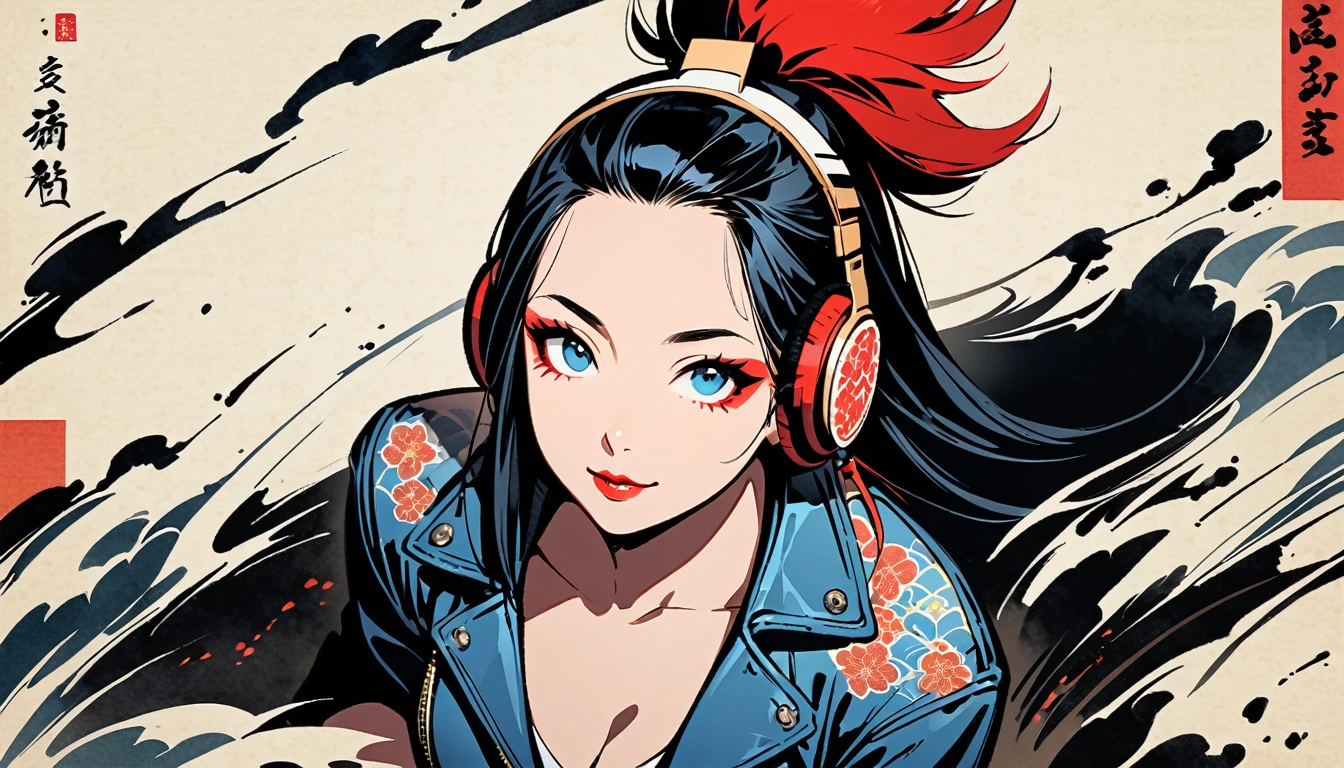 (((Ink Painting))), (((from above))), (((1 female))), (((Leather jacket with Japanese patterns))), (((Mohawk))), (((Very flashy makeup))), Japanese style headphones, devil, face close-up, front view, Japan人の美少女, Black Hair, Delicate and precise, Modern ukiyo-e style,Japan, Droopy eyes, round face, smile, Fuller lips, Red and Blue