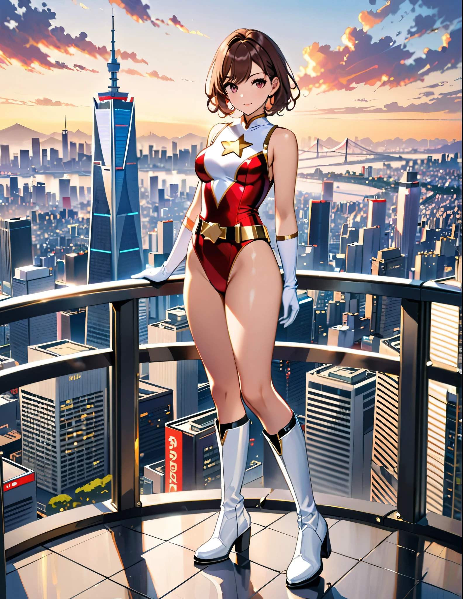 (masterpiece), (best quality), (high res), medium breasts, ((leotard, white and red leotard, matching leotard, sleeveless, bare legs)), (((tight belt, gold belt))), ((boots, matching boots, (ankle-high boots, white boots))), ((gloves, white gloves)), city backdrop, tokyo city backdrop, solo, solo focus, standing, (full body), cowboy shot, superhero, ((beautiful detailed eyes)), ((gold star symbol on chest)), (brown hair, medium hair, bob hair, purple eyes), (perfect hands, perfect anatomy), cowboy shot, superhero, ((beautiful detailed eyes)), full body costume design.